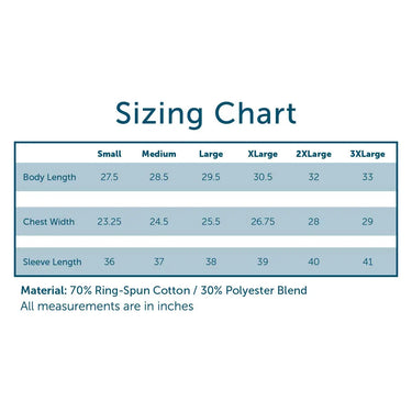 Sizing chart for heavyweight hoodie, showing body length, chest width, and sleeve length in inches for sizes Small through 3XL.