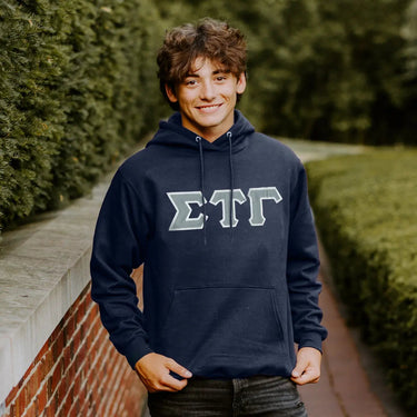 Sig Tau Navy Hoodie with Sewn On Letters Sigma Tau Gamma