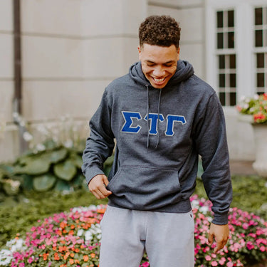 Sig Tau Dark Heather Hoodie with Sewn On Letters Sigma Tau Gamma