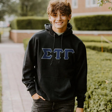 Sig Tau Black Hoodie with Sewn On Greek Letters Sigma Tau Gamma