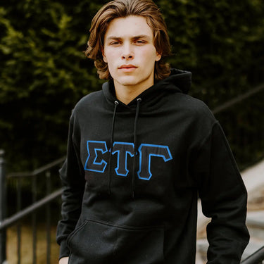 Sig Tau Black Hoodie with Black Sewn On Letters Sigma Tau Gamma