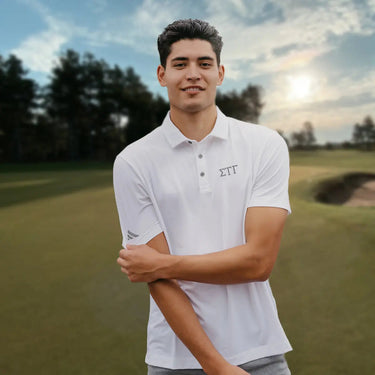 Sig Tau White Adidas Golf Polo With Greek Letters Sigma Tau Gamma