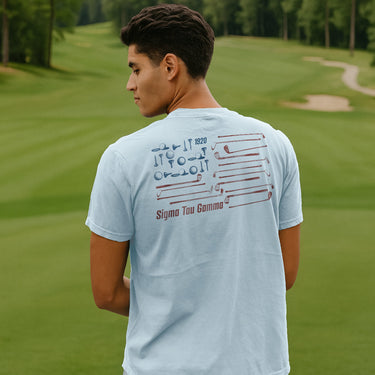 Sigma Tau Gamma frat merch featuring a patriotic golf graphic tee.