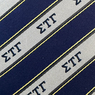 Closeup image of a Sigma Tau Gamma striped silk neck tie.
