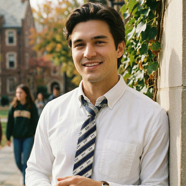 Fraternity man wearing a Sig Tau striped silk neck tie.