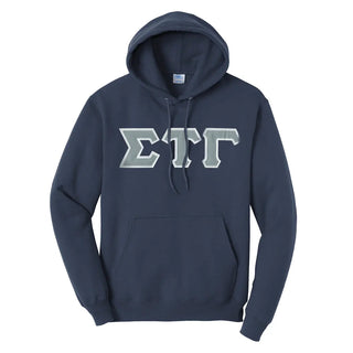 Sig Tau Navy Hoodie with Sewn On Letters Sigma Tau Gamma