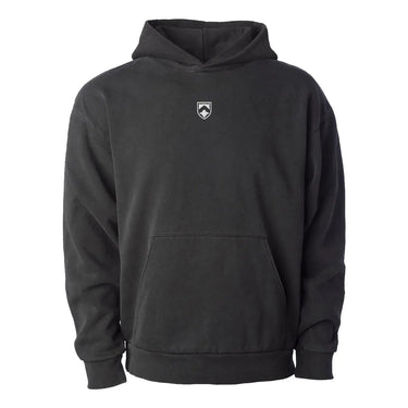 Black heavyweight hoodie with Sig Tau symbol embroidered in white on the center chest.