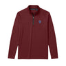 Maroon Cutter + Buck Adapt quarter zip pullover with embroidered crest on the left chest, stand-up collar, and black zipper detailing.