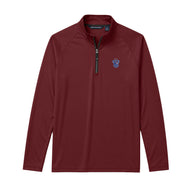 Maroon Cutter + Buck Adapt quarter zip pullover with embroidered crest on the left chest, stand-up collar, and black zipper detailing.