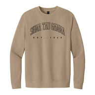Neutral tan crewneck with fraternity design