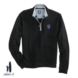 A black johnnie-O quarter-zip pullover with a gray collar and leather zipper pull, featuring an embroidered fraternity crest on the left chest. Displayed on a white background with the johnnie-O logo in the bottom corner.
