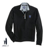 A black johnnie-O quarter-zip pullover with a gray collar and leather zipper pull, featuring an embroidered fraternity crest on the left chest. Displayed on a white background with the johnnie-O logo in the bottom corner.