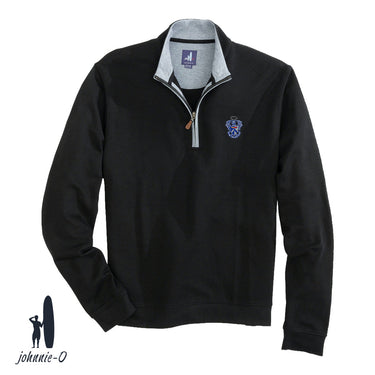 A black johnnie-O quarter-zip pullover with a gray collar and leather zipper pull, featuring an embroidered fraternity crest on the left chest. Displayed on a white background with the johnnie-O logo in the bottom corner.