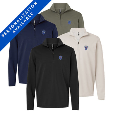 Four Sigma Tau Gamma Embroidered Luxe Quarter Zips in black, smoke, navy, and pine colors with crest embroidery on the left chest. Banner reads Personalization Available.