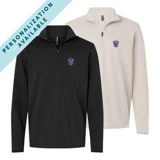 Two Sigma Tau Gamma Embroidered Luxe Quarter Zips in black and smoke colors with crest embroidery on the left chest. Banner reads Personalization Available.