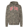 Sig Tau Deadwood Camo Hoodie featuring an all-over woodland camouflage print, red and white arched Sigma Tau Gamma lettering, drawstring hood, and kangaroo pocket.