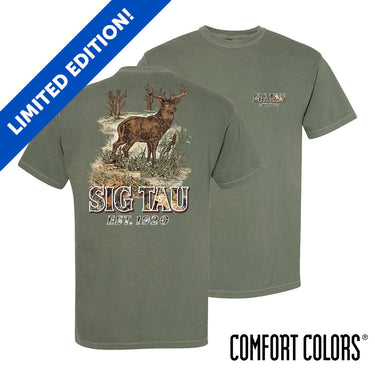 Front and back view of moss green Comfort Colors T-shirt featuring woodland deer back graphic and small chest print.