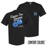 Comfort Colors High Roller Tee shown front and back, featuring a small dice graphic on the chest pocket and a large casino-inspired dice design on the back.