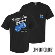 Comfort Colors High Roller Tee shown front and back, featuring a small dice graphic on the chest pocket and a large casino-inspired dice design on the back.