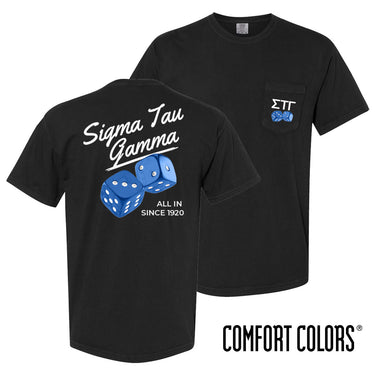 Comfort Colors High Roller Tee shown front and back, featuring a small dice graphic on the chest pocket and a large casino-inspired dice design on the back.