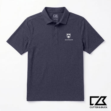 Navy Blue Cutter & Buck polo shirt with embroidered crest logo and personalized name text on the chest.