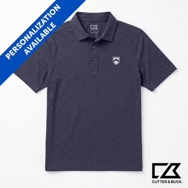 Navy Blue Cutter & Buck polo shirt with embroidered crest logo and “Personalization Available” banner displayed.