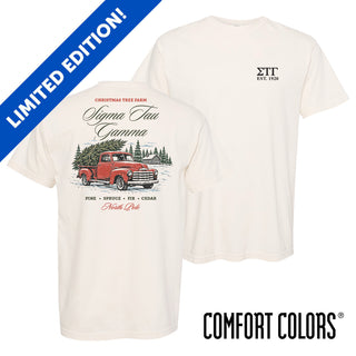Limited edition Tree Farm Holiday Tee featuring a small fraternity chest design and vintage Christmas tree farm graphic on the back.