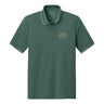 Front view of Green polo featuring embroidered laurel design.