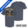 Front and back view of a blue Comfort Colors graphic t-shirt with vintage lake-inspired artwork