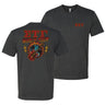 Charcoal t-shirt called the Sigma Tau Gamma World Tour tee with vintage rock-inspired design, bold Sig Tau letters on front, and fiery guitar graphic on back.