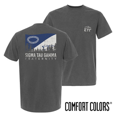 Fraternity grey short sleeve tee with colorful flag design on back and chest pocket log