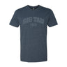 Dark navy heather crew-neck tee with a subtle tonal arched ÒSIG TAUÓ print on the chest