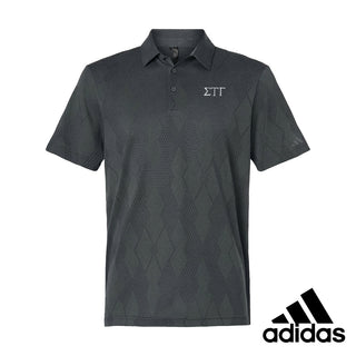 Front view of Black polo featuring embroidered greek letters.