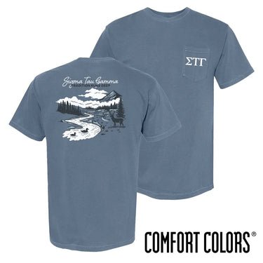 Sig Tau fraternity t-shirt featuring an outdoor nature scene.