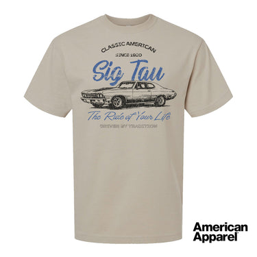Beige T-shirt displayed on a plain background with a vintage-inspired graphic of a classic muscle car, mixed typography, and a soft red and black print design.
