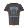Sig Tau Collegiate Crest Graphic Tee in charcoal grey featuring bold Sigma Tau Gamma lettering, fraternity crest, Greek letters, and established year design.