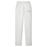 Ash gray classic fleece sweatpants with a relaxed straight-leg fit, elastic waistband, open-bottom cuffs, and subtle printed design on the upper leg.