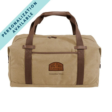 Sig Tau Khaki Canvas Duffel With Leather Patch | Sigma Tau Gamma | Bags > Duffle bags
