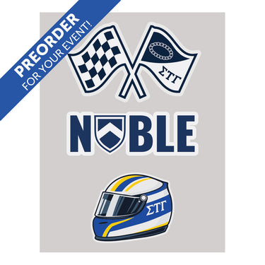 Sigma Tau Gamma Racing Collection sticker pack featuring crossed racing flags, NOBLE shield text, and a blue and yellow STG racing helmet