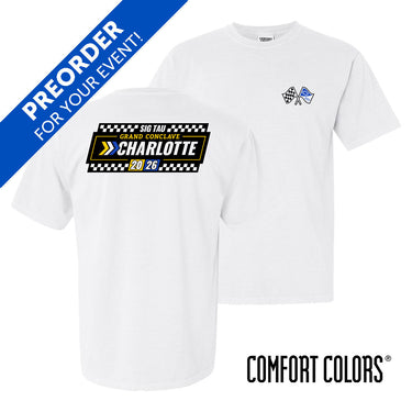 Product mockup of a white Comfort Colors T-shirt showing front and back designs. The back features a large “Sig Tau Grand Conclave Charlotte 2026” graphic with checkered flag detailing and yellow and blue accents, while the front displays a small crossed-flags emblem on the left chest. A blue banner in the corner reads “Preorder for your event!” and the Comfort Colors logo appears at the bottom.